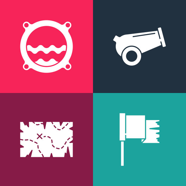 集流行艺术海盗旗，藏宝图，大炮和船舷窗与海景图标。向量图片下载