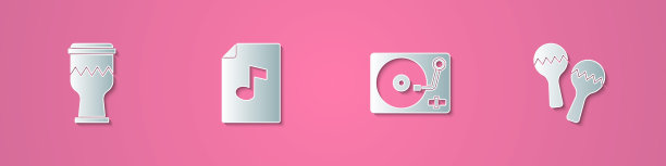 纸雕鼓、乐谱、黑胶唱片机和沙槌图标矢量素材图片下载