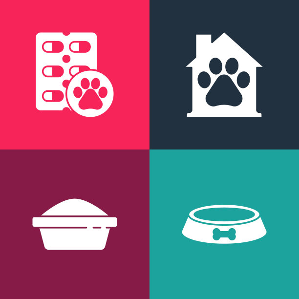 设置流行艺术宠物食品碗，房子和狗药丸图标。向量图片下载