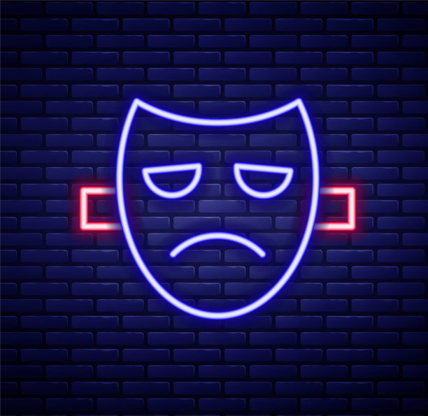 发光的霓虹灯线戏剧戏剧面具图标孤立的砖墙背景。色彩缤纷的轮廓概念。向量图片下载