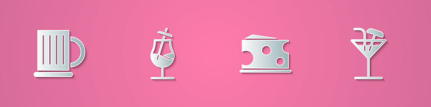 集剪纸木制啤酒杯，鸡尾酒，奶酪和图标。纸艺风格。向量图片下载