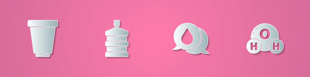 设有剪纸滤水筒，大瓶清水，水滴语音气泡和H2O图标化学式。纸艺风格。向量图片下载