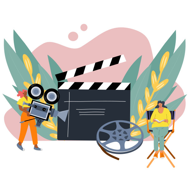 矢量插图的视频制作。人们创作一部电影并拍摄一段视频。操作员和编剧的工作图片下载