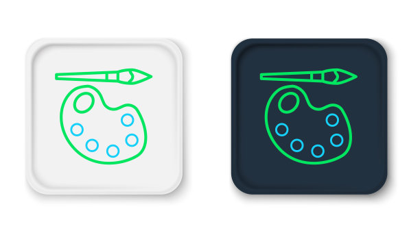 线漆刷与调色板图标隔离在白色背景。色彩缤纷的轮廓概念。向量图片下载