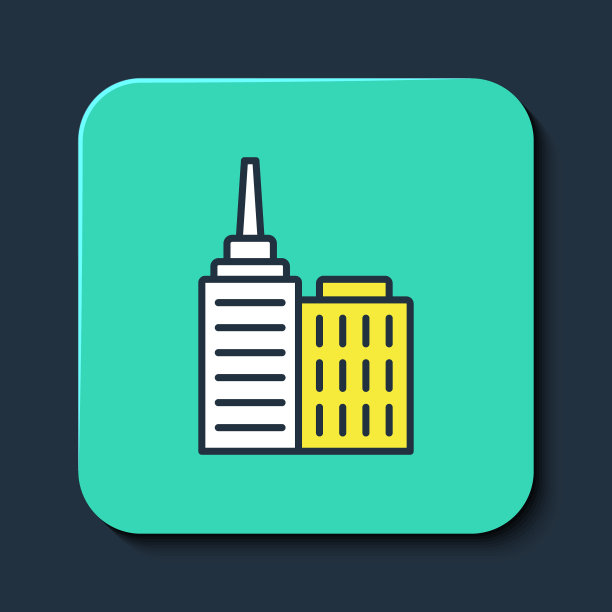 填充轮廓城市景观图标孤立的蓝色背景。都市建筑全景景观。绿松石方形纽扣。向量图片下载