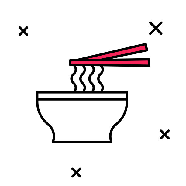 填充轮廓亚洲面条在碗和筷子图标孤立的白色背景。街头快餐。韩国菜、日本菜、中国菜。向量图片下载