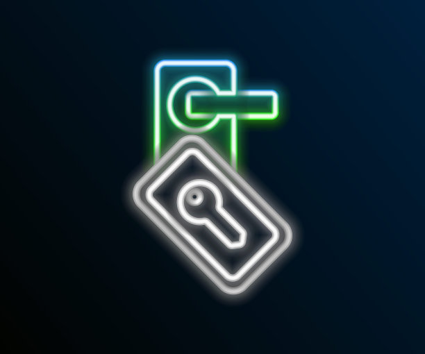 发光的霓虹线数字门锁与无线技术解锁图标隔离在黑色背景。门把手标志。安全智能家居。色彩缤纷的轮廓概念。向量图片下载