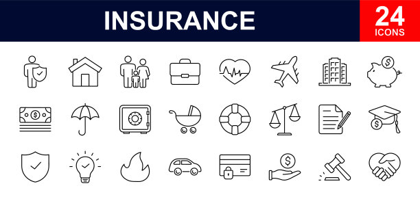 保险网站图标集。保险-简单的细线图标集合。包含汽车保护，健康保险，合同，旅游保险，风险，帮助服务等。简单的网页图标集图片下载