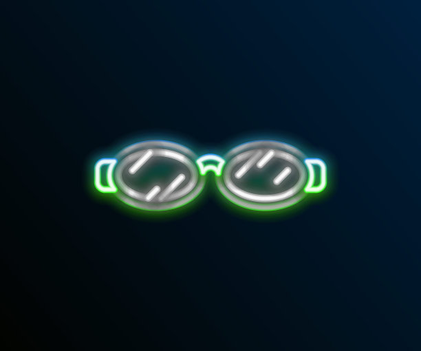 发光的霓虹灯线眼镜游泳图标孤立的黑色背景。护目镜的迹象。水下潜水设备。色彩缤纷的轮廓概念。向量图片下载