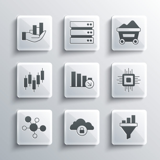 设置云计算锁，销售漏斗图，处理器CPU，财务增长下降，思维导图信息图，浏览器股票市场，饼和煤矿小车图标。向量图片下载