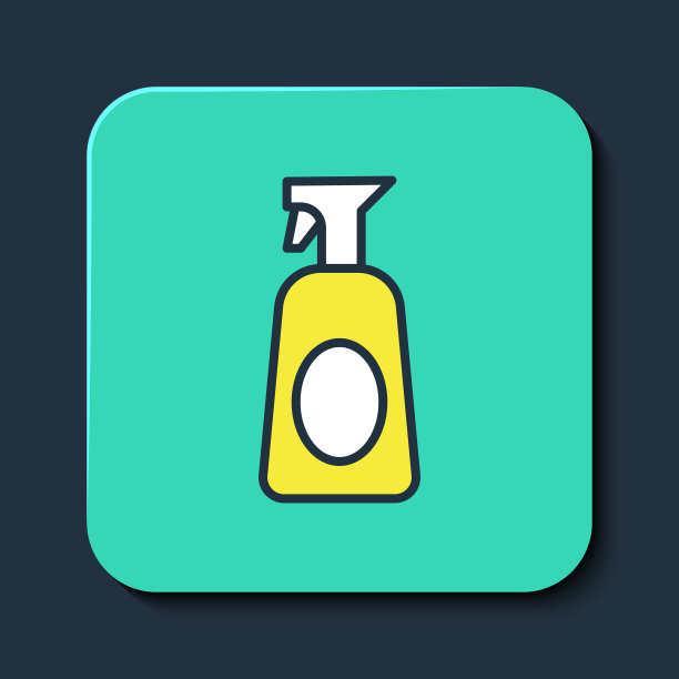 清洁喷雾瓶，蓝色背景上有洗涤液图标。绿松石方形纽扣。向量图片下载