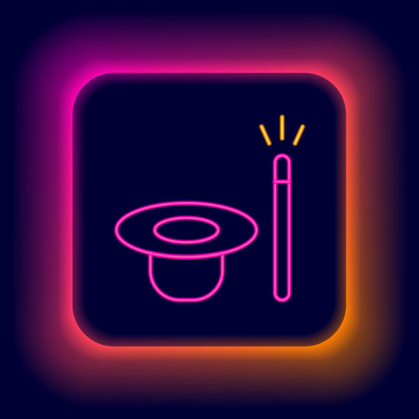 发光的霓虹灯线魔法帽子和魔杖图标孤立的黑色背景。魔术。神秘娱乐概念。色彩缤纷的轮廓概念。向量图片下载