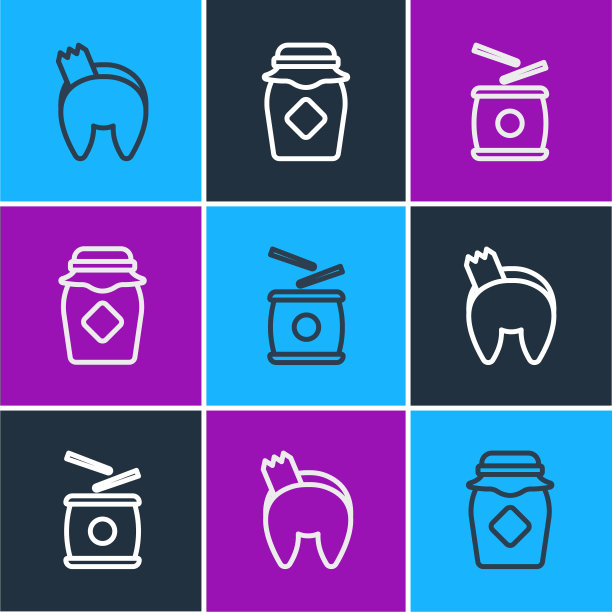 设置中国幸运饼干，鼓和蜂蜜罐图标。向量图片下载