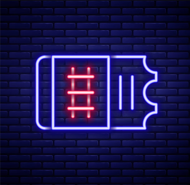 发光的霓虹灯线火车票图标孤立的砖墙背景。乘火车旅行。色彩缤纷的轮廓概念。向量图片下载