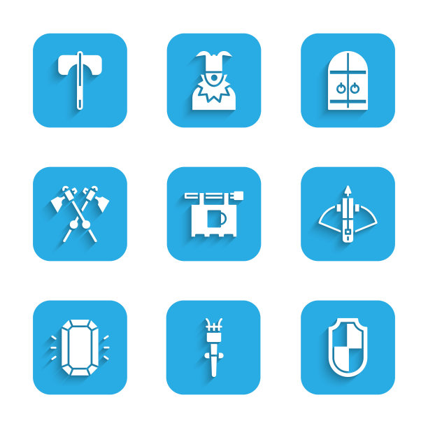 设置街道招牌酒吧，火炬火焰，盾牌，战斗弩箭，钻石，交叉中世纪斧头，中世纪城堡大门和图标。向量图片下载