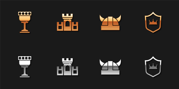 集中世纪高脚杯，城堡，堡垒，海盗在角盔和盾牌与皇冠图标。向量图片下载