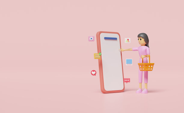 3d网上购物概念与人物女人卡通，篮子，推车图标隔离在粉红色的背景。网络营销，通讯应用，3d渲染插画图片下载