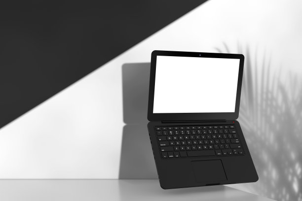 现代笔记本电脑笔记本与空白屏幕为您的设计在一个白色的产品演示讲台立方体。3d渲染图片下载