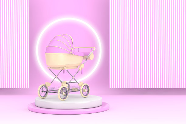 现代粉红色婴儿车，婴儿车，婴儿车在产品展示舞台或基座顶部。3d渲染图片下载