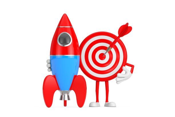箭靶和飞镖在中心的卡通人物吉祥物与卡通玩具火箭。3d渲染图片下载
