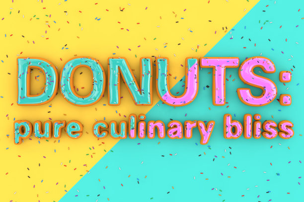甜甜圈:纯粹的烹饪幸福销售口号标志形状的大粉红色和蓝色巧克力釉面甜甜圈与糖屑。3d渲染图片下载