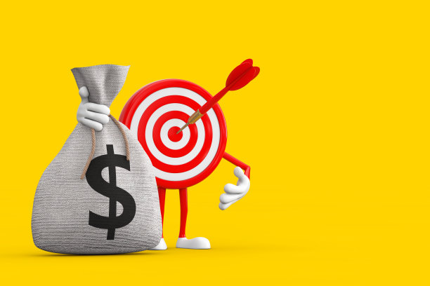 箭靶和镖在中心的卡通人物吉祥物绑质朴的帆布亚麻钱袋或钱袋与美元符号。3d渲染图片下载