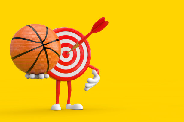 箭靶和飞镖在中心的卡通人物吉祥物与篮球。3d渲染图片下载