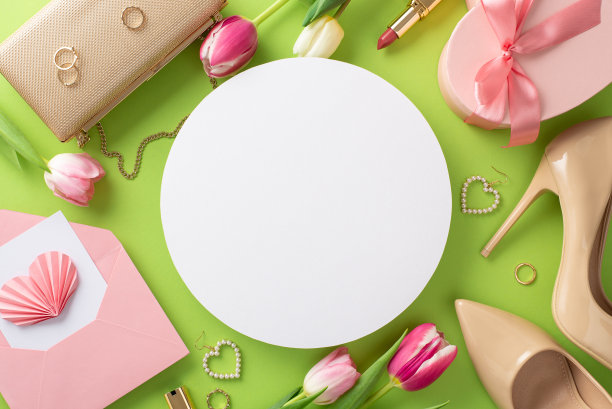 快乐母亲节的概念。高跟鞋、手提包、礼品盒、郁金香、口红、化妆刷和耳环的顶视图平铺在柔和的绿色背景上，空白的圆圈用于文字或广告图片下载