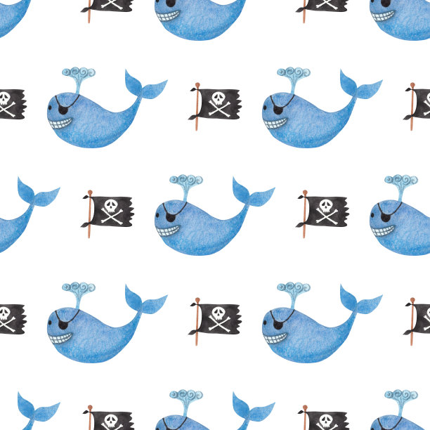 海盗鲸鱼。孩子们的打印。无缝图案，水彩插图图片下载