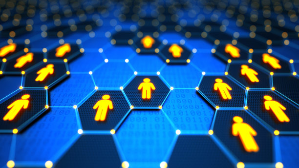 未来的数字技术背景与六边形元素和黄色发光的人剪影。抽象连接技术与数字网络。网络安全和隐私概念。图片下载