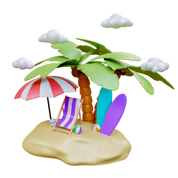 暑假和旅游的概念。小岛上有棕榈树、植物、沙滩椅、云、冲浪板和沙滩球。三维渲染图片下载
