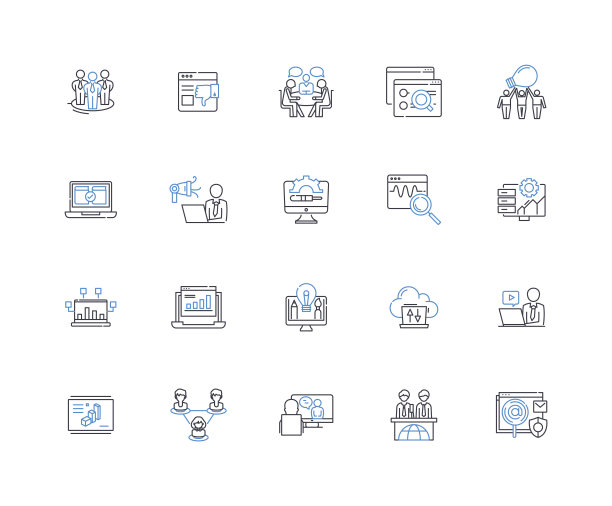 数字服务线路图标收集。创新，连接，自动化，网络安全，效率，数据，集成矢量和线性说明。分析、云、敏捷概述标志设置图片下载
