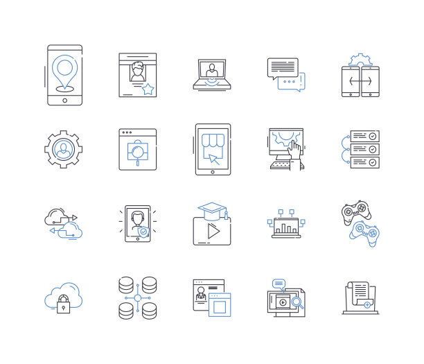 网络时尚线条图标集合。网络，时尚，技术，创新，未来主义，现代，设计矢量和线性插图。时尚，流线型，数字轮廓标志集图片下载