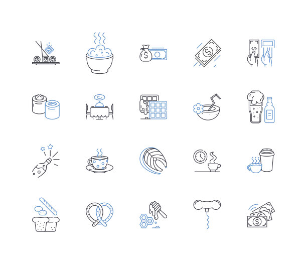 餐厅管理行图标收集。座位，菜单，服务员，预订，服务，电镀，餐具矢量和线性插图。装饰，灯光，音乐轮廓标志设置图片下载