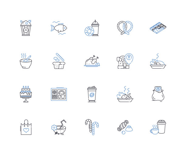 Mini-mart线条图标集合。方便，零食，快速，饮料，杂货，容易，彩票矢量和线性插图。香烟，必需品，糖果轮廓标志集图片下载