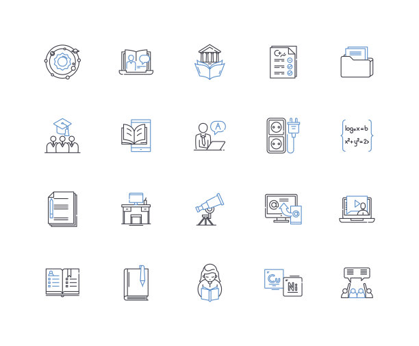 窗帘织物线条图标集合。图案，纹理，帷幔，薄纱，天鹅绒，提花，亚麻矢量和线性插图。缎子，锦缎，蕾丝轮廓标志集图片下载