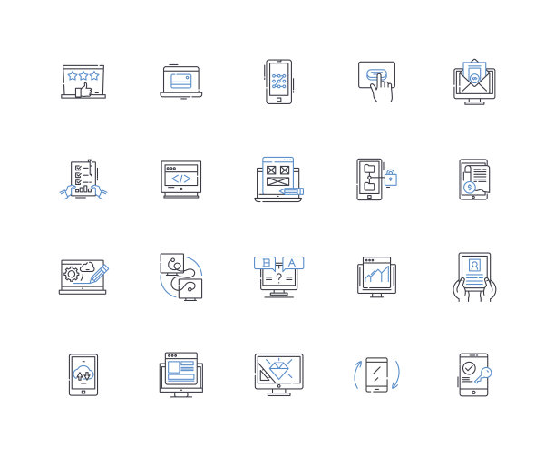 显示面板线条图标集合。分辨率，对比度，亮度，刷新，触摸屏，OLED, LCD矢量和线性插图。LED,IPS,TN轮廓标志设置图片下载