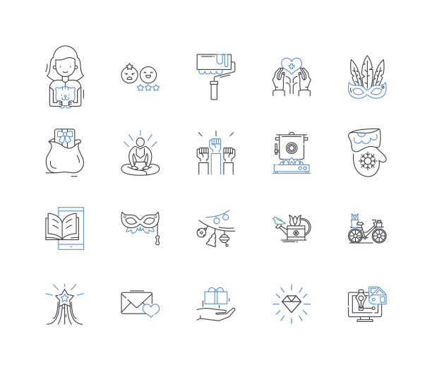 享受线图标收集。乐趣，笑声，冒险，放松，兴奋，激动，幸福矢量和线性插图。快乐、满意、娱乐轮廓标志设置图片下载