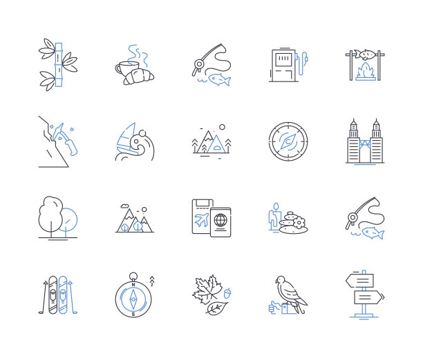 令人兴奋的跋涉线图标集合。冒险，风景，挑战，刺激，探索，自然，高峰矢量和线性插图。发现，营地，荒野轮廓标志设置图片下载