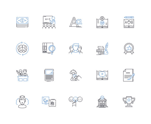 教育线图标集合。学习，知识，智慧，课程，研究，教学法，指令矢量和线性插图。教室，教师，学生大纲标志设置图片下载