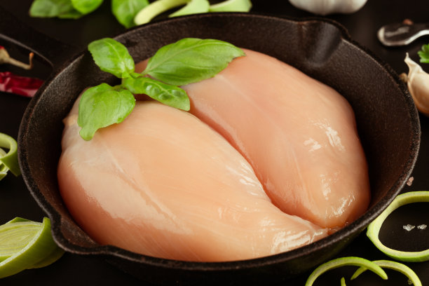 鸡胸片。关闭了。生鸡肉。生新鲜的鸡肉片与新鲜的香草在黑色的背景。零售食品。有机食品，健康饮食。食品的概念。前视图。图片下载