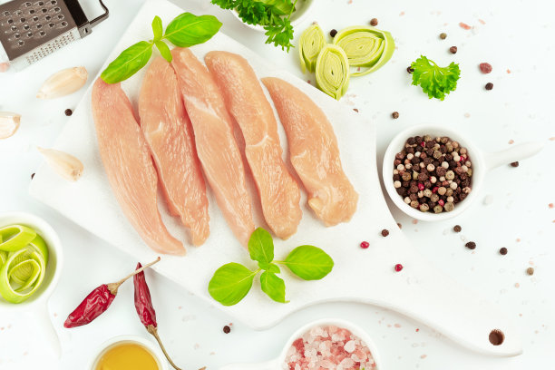生鸡肉片。副本的空间。零售食品。有机食品，健康饮食。食品的概念。前视图。鸡胸片。关闭了。生鸡肉。图片下载