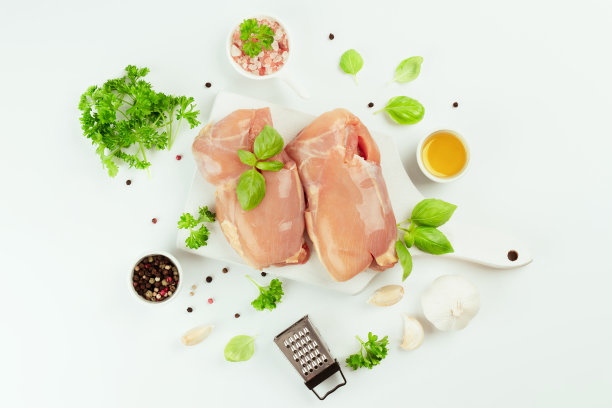 去皮鸡腿。有机食品，健康饮食。食品的概念。前视图。生鲜无皮鸡大腿肉与新鲜香草在白色背景。副本的空间。零售食品。图片下载