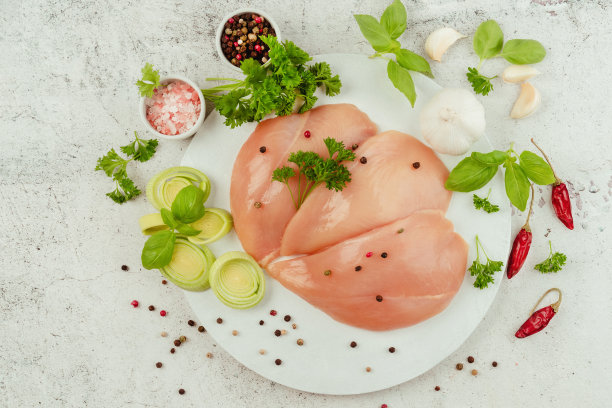 有机食品，健康饮食。食品的概念。前视图。鸡胸片。生鸡肉片。副本的空间。零售食品。关闭了。生鸡肉。图片下载