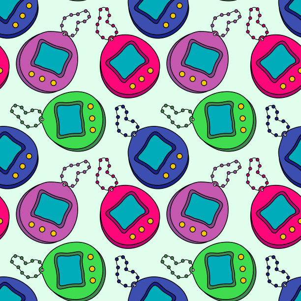 复古无缝图案设置与彩色电子宠物。可爱的背景复古元素。90年代电子游戏符号设计图片下载