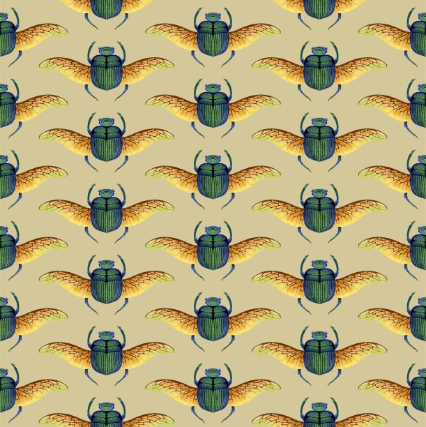 米色无缝图案与明亮的数字水彩甲虫图片下载