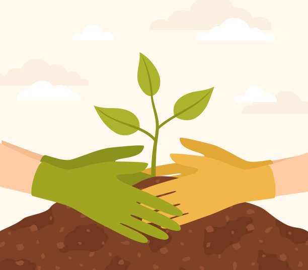 两双手戴着绿色和黄色的橡胶手套，在地上种着一株幼苗。矢量插图在平面风格图片下载