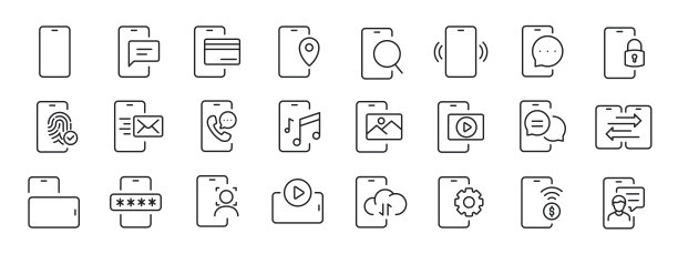 智能手机功能，手机细线图标。可编辑的中风。网站营销设计，logo, app，模板，ui等。矢量插图。图片下载