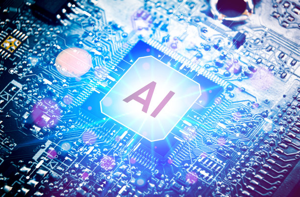 AI人工智能概念，在主板电子计算机背景上发光的带有AI接口的微处理器特写图片下载