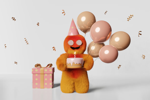 可爱的毛绒雪人礼盒闪闪发光的气球3d人物快乐的大脚蛋糕蜡烛1年公司周年纪念惊喜。图片下载